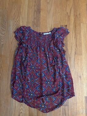 Anthropologie Meadow Rue Multicolor Smocked Top - Burgundy, Blue, Gold